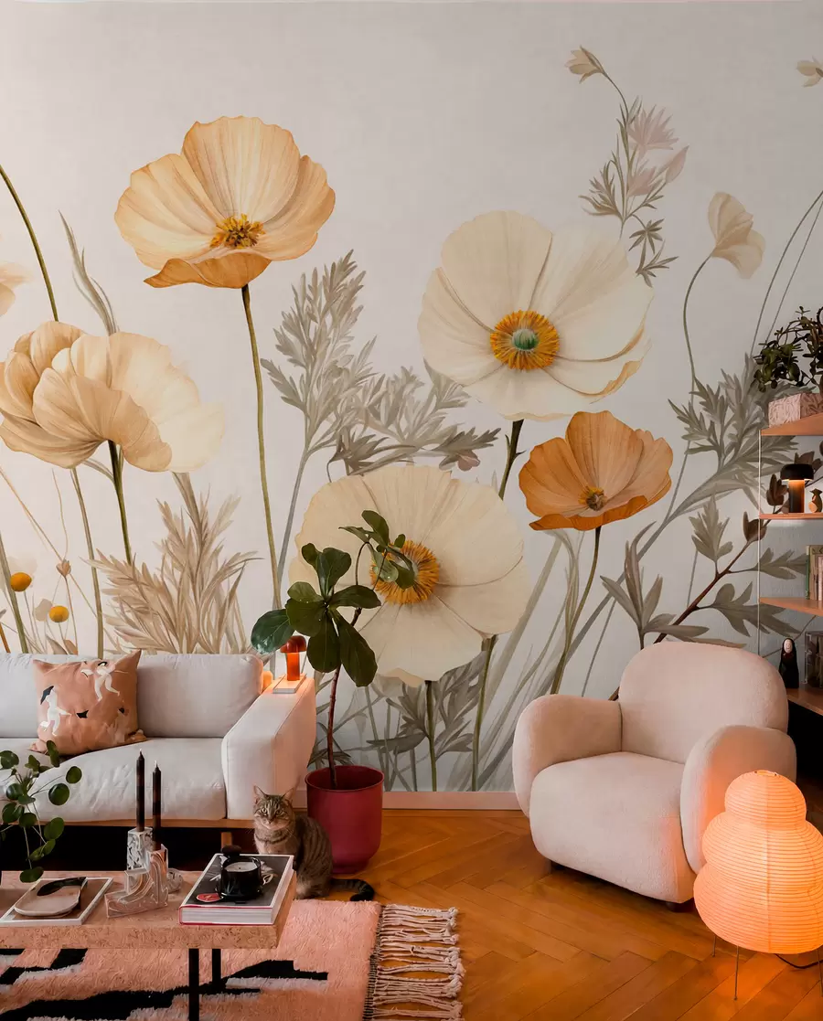 wall murals Orange and white vintage textured poppies with thin stems and leaves, light beige background, watercolor style w09293