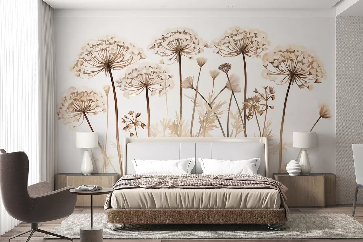 wall murals Queen Anne's Lace flowers in a field, textured painting imitation, brown, beige and white color palette, botanical illustration w09294