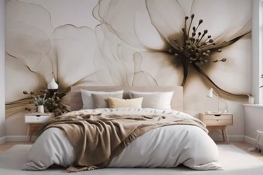 wall murals Two translucent textured brown flowers with visible stamens, overlapping delicate petals, and a soft flowing texture w09295