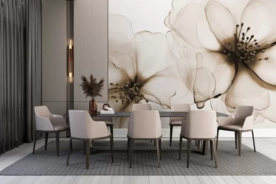 wall murals Two translucent textured brown flowers with visible stamens, overlapping delicate petals, and a soft flowing texture w09295