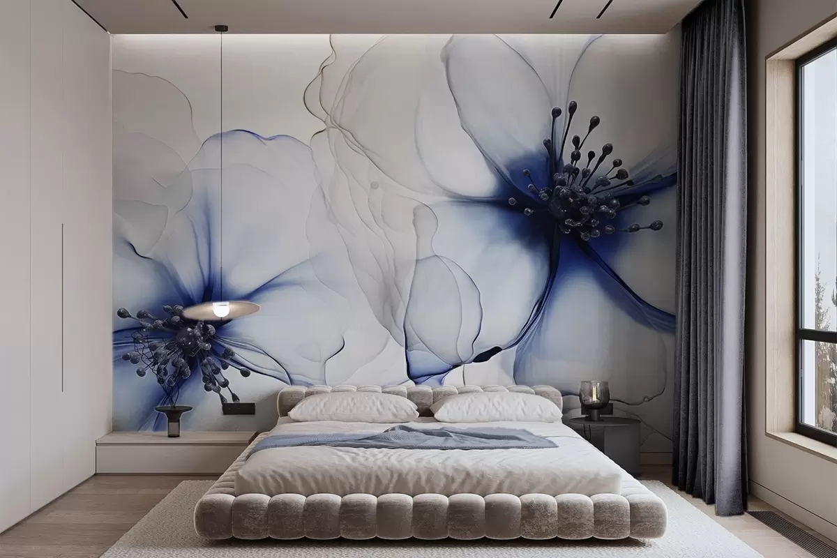 wall murals Two translucent textured blue flowers with visible stamens, overlapping delicate petals, and a soft flowing texture w09295v1
