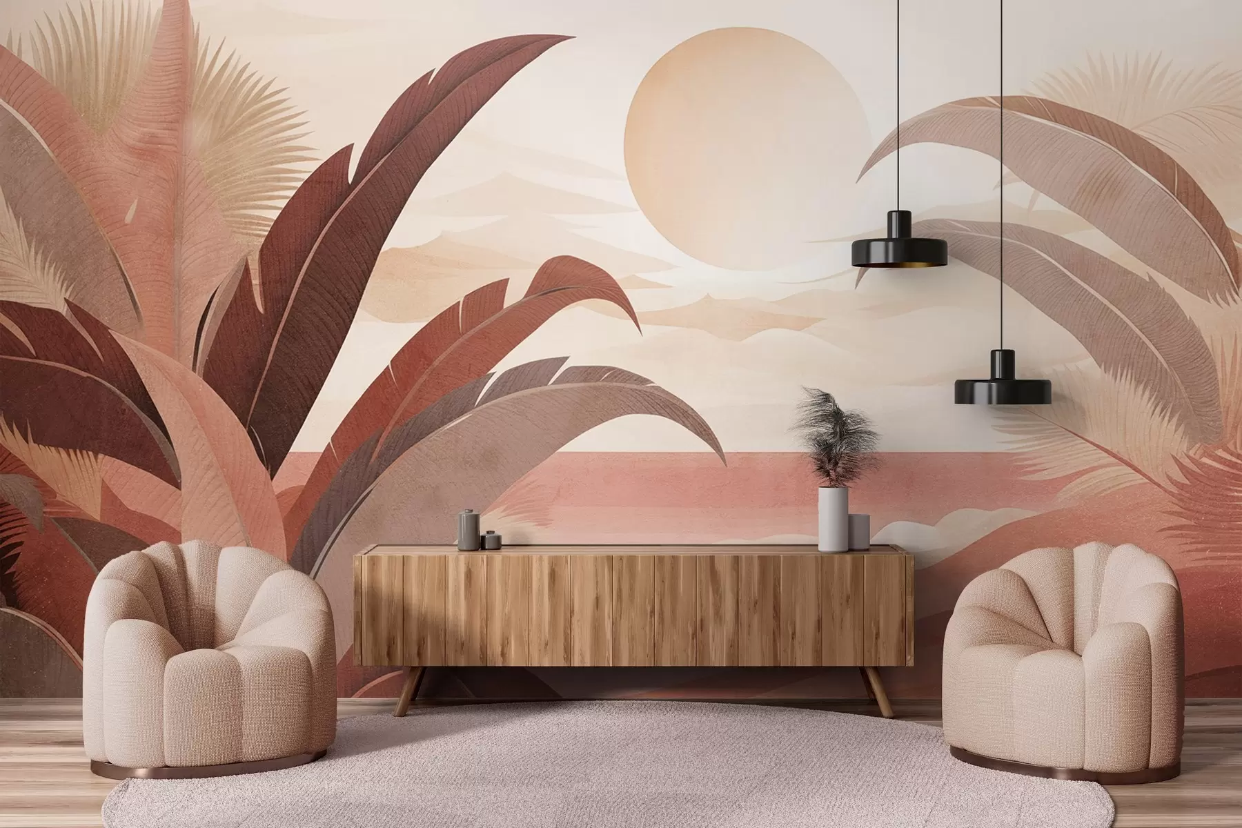 wall murals Tropical textured abstract landscape with palm leaves and a big sun in the sky, warm color palette, minimalist style, stylized w09296