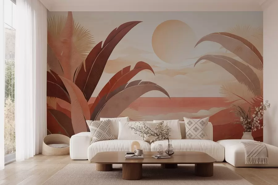 wall murals Tropical textured abstract landscape with palm leaves and a big sun in the sky, warm color palette, minimalist style, stylized w09296