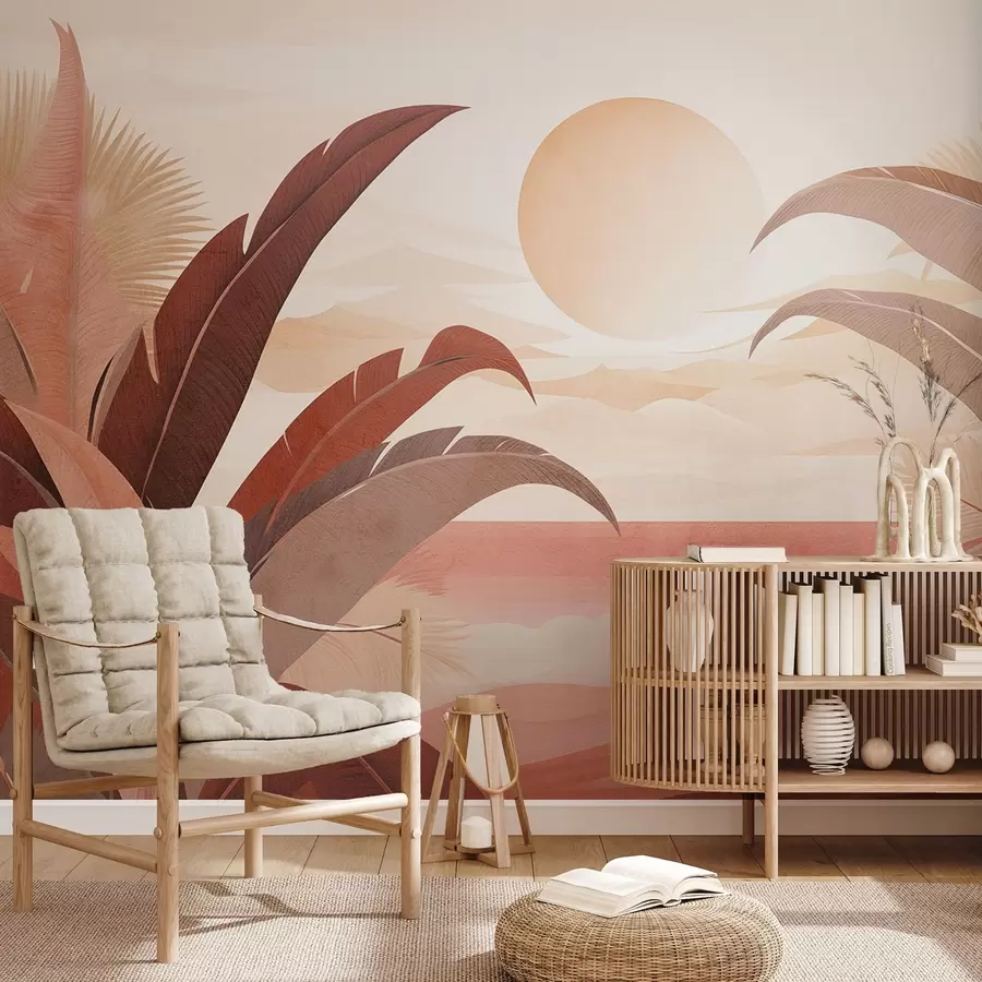 wall murals Tropical textured abstract landscape with palm leaves and a big sun in the sky, warm color palette, minimalist style, stylized w09296