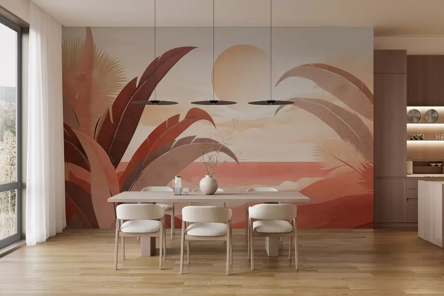 wall murals Tropical textured abstract landscape with palm leaves and a big sun in the sky, warm color palette, minimalist style, stylized w09296
