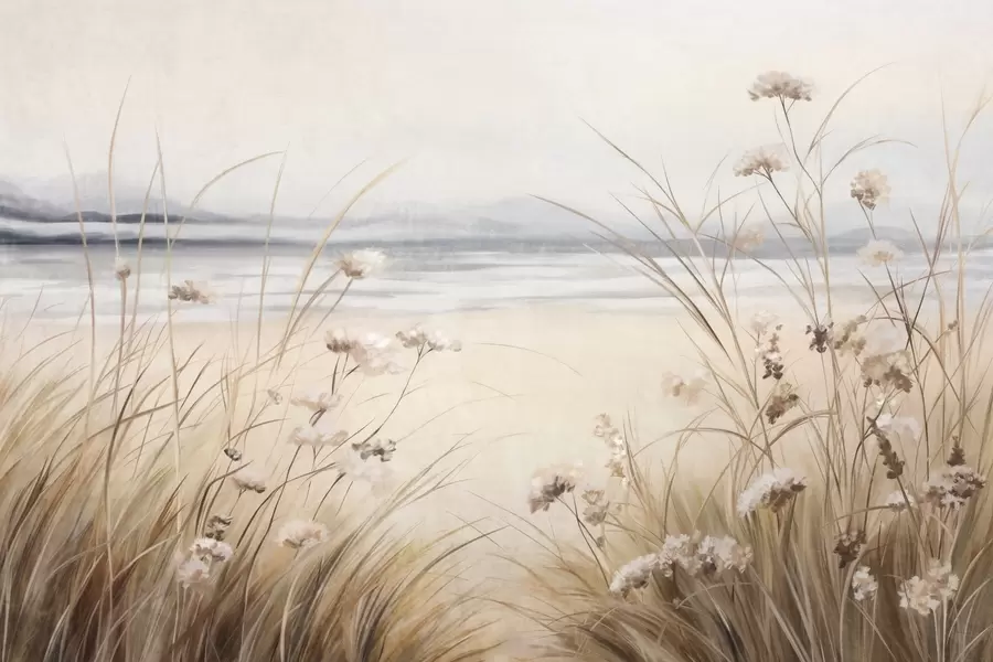 wall murals A field of wheat with white flowers in the foreground, a beach and the ocean in the background, neutral pastel muted colors w09298