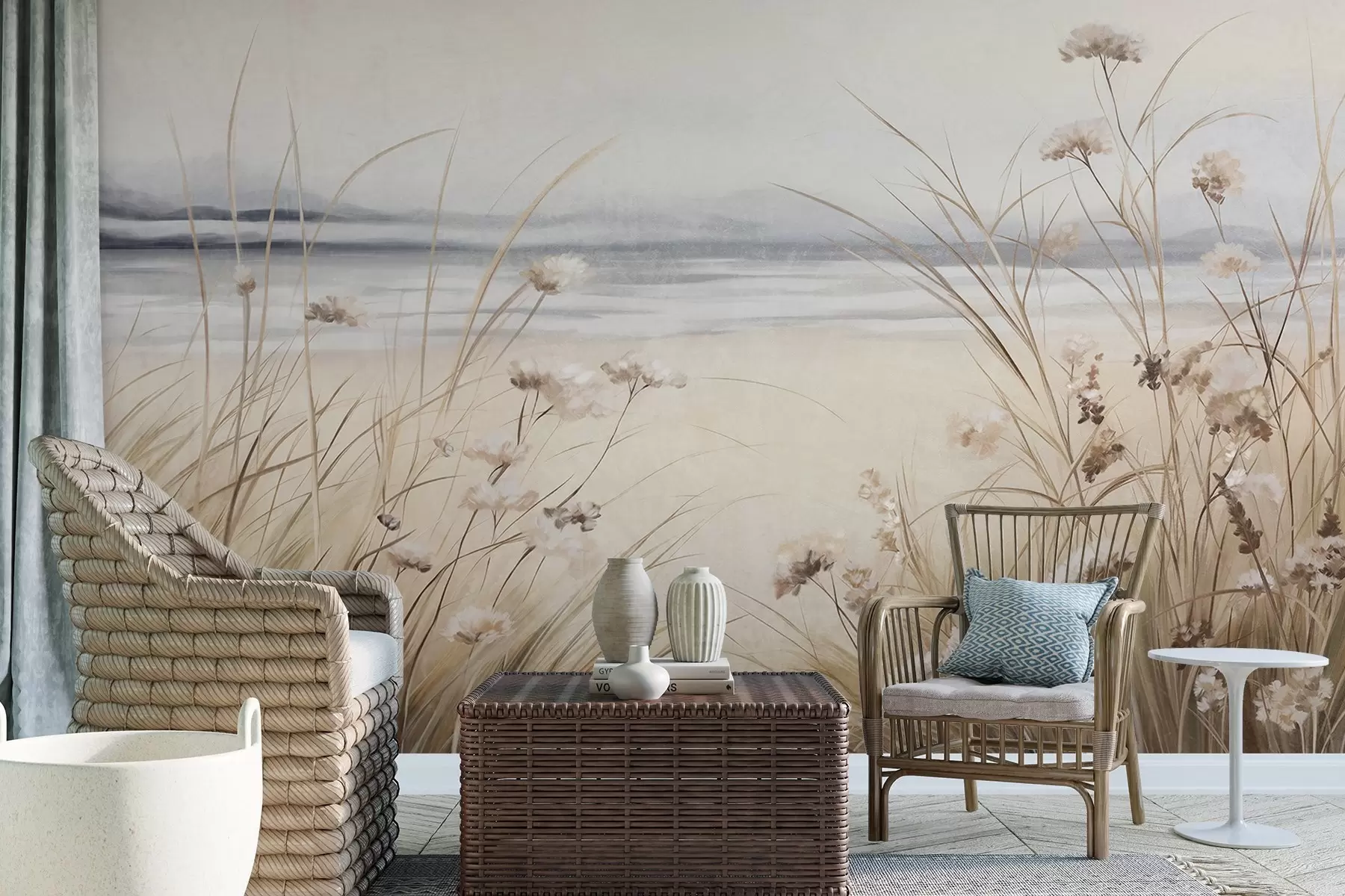 wall murals A field of wheat with white flowers in the foreground, a beach and the ocean in the background, neutral pastel muted colors w09298