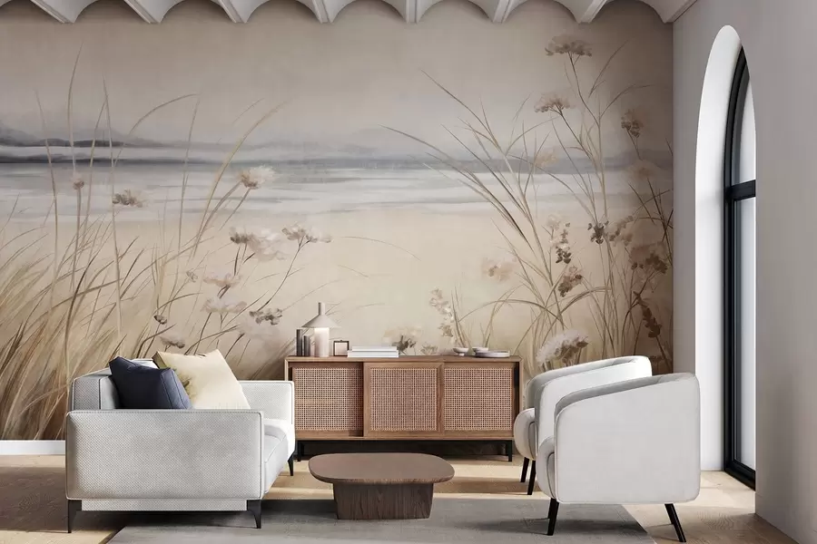 wall murals A field of wheat with white flowers in the foreground, a beach and the ocean in the background, neutral pastel muted colors w09298