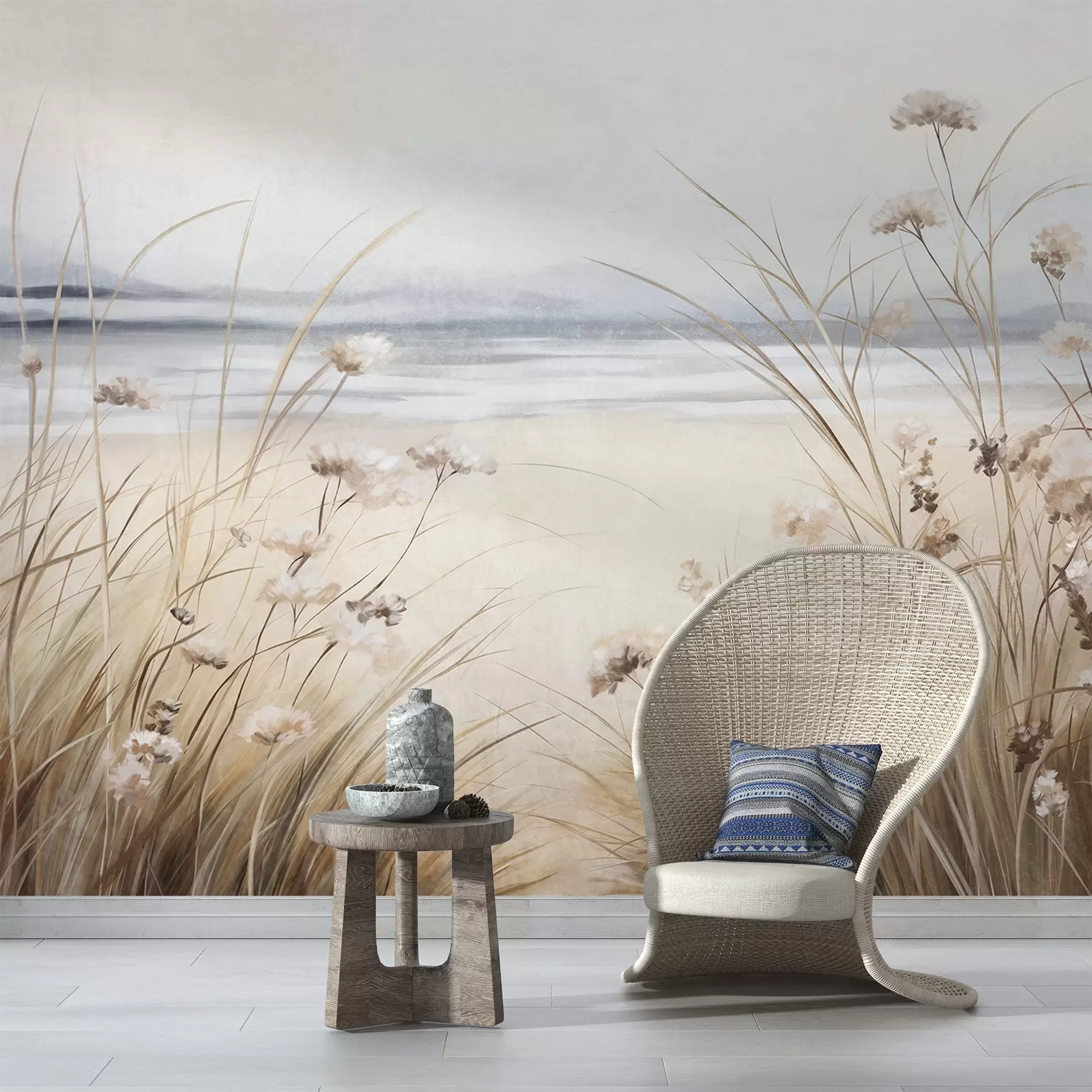 wall murals A field of wheat with white flowers in the foreground, a beach and the ocean in the background, neutral pastel muted colors w09298