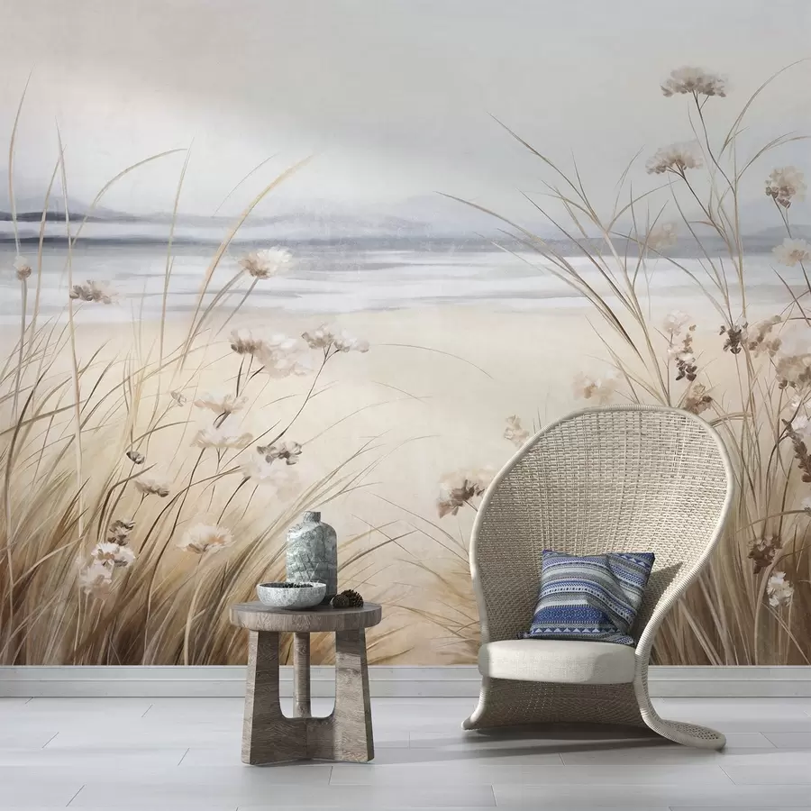 wall murals A field of wheat with white flowers in the foreground, a beach and the ocean in the background, neutral pastel muted colors w09298