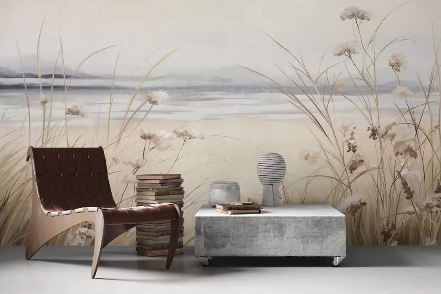 wall murals A field of wheat with white flowers in the foreground, a beach and the ocean in the background, neutral pastel muted colors w09298