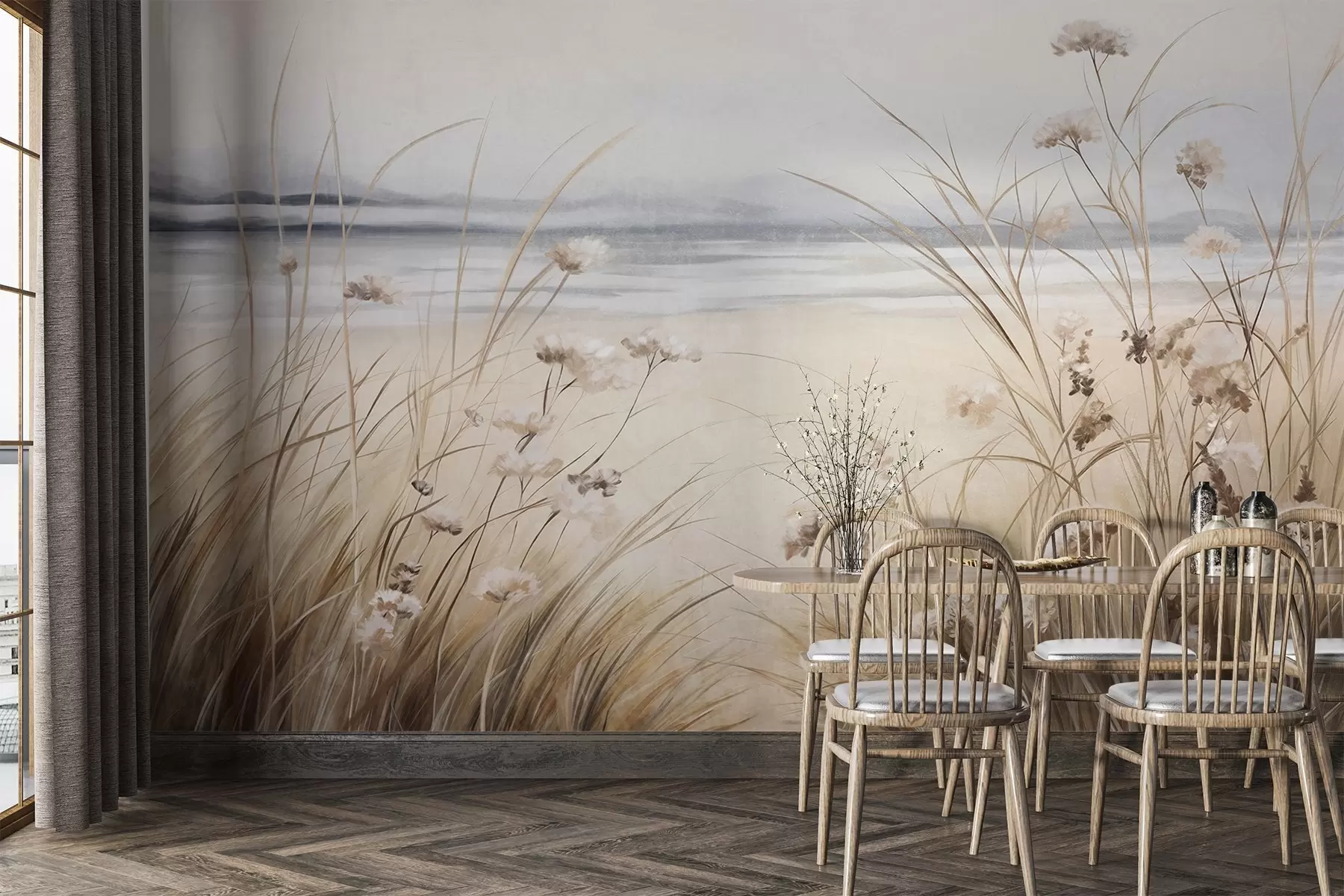 wall murals A field of wheat with white flowers in the foreground, a beach and the ocean in the background, neutral pastel muted colors w09298