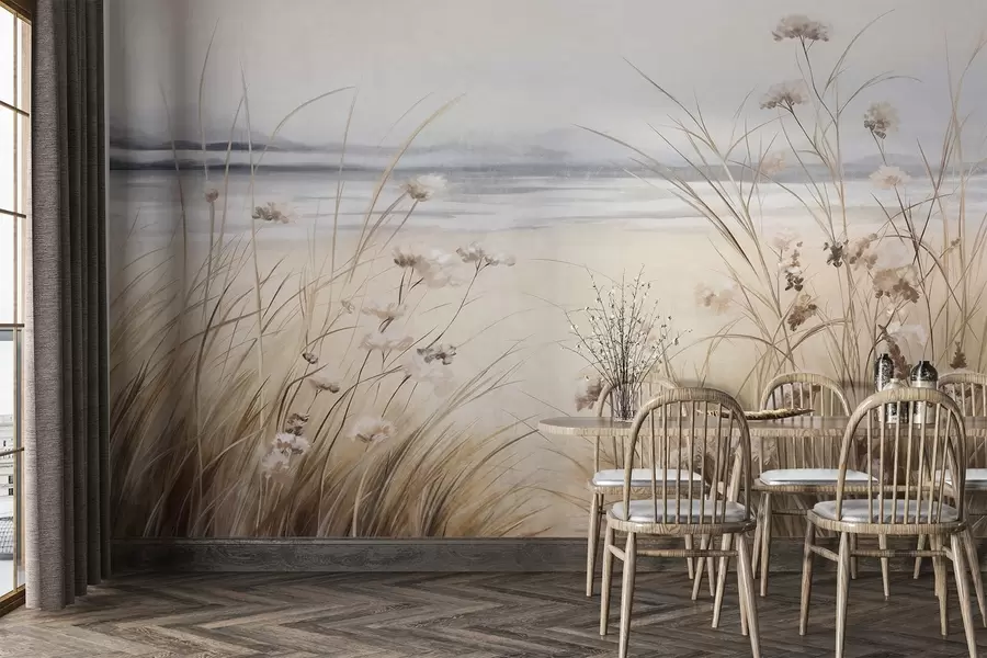 wall murals A field of wheat with white flowers in the foreground, a beach and the ocean in the background, neutral pastel muted colors w09298