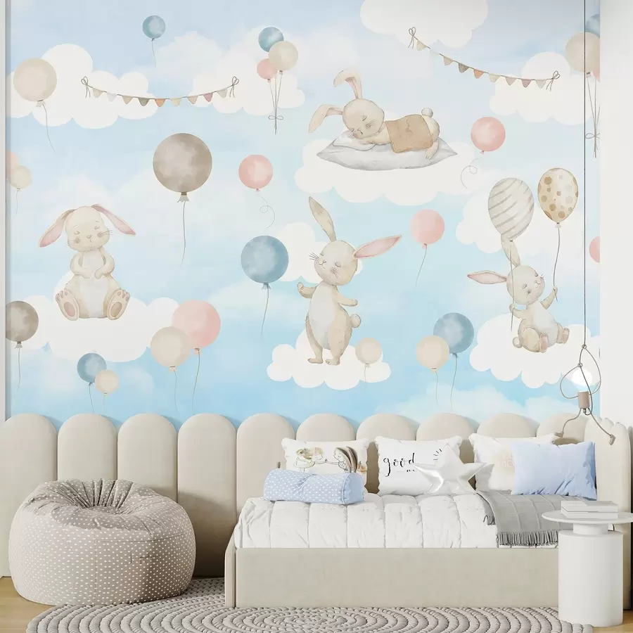 wall murals Rabbits with balloons on clouds w04337