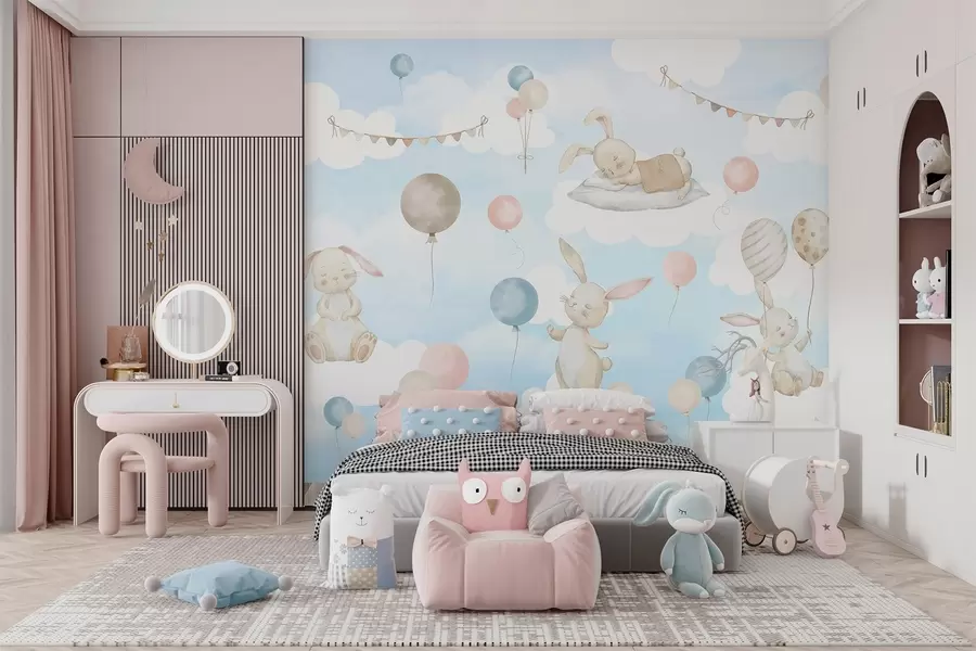 wall murals Rabbits with balloons on clouds w04337