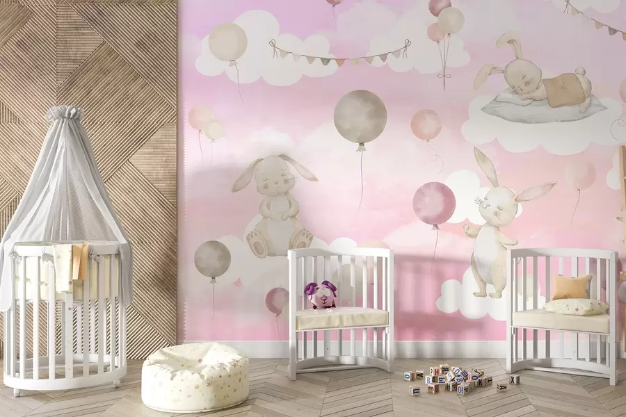 wall murals Rabbits with balloons on clouds w04337v1