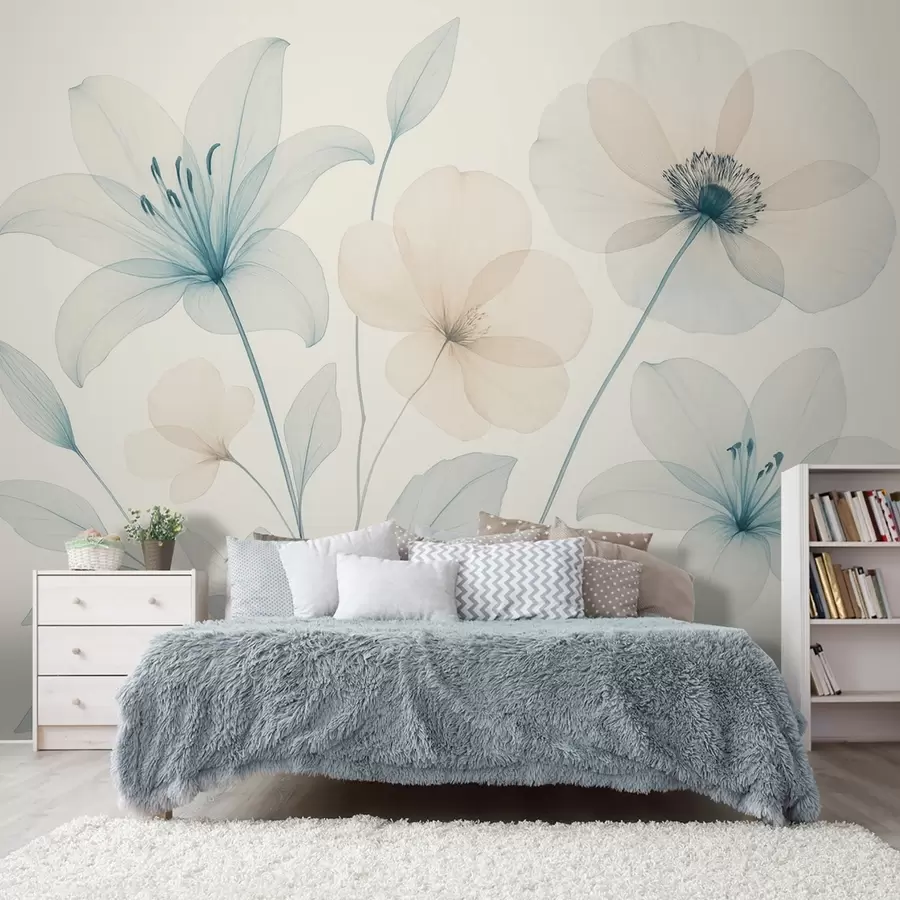 wall murals Delicate flowers in pastel blue and cream watercolor style w09287