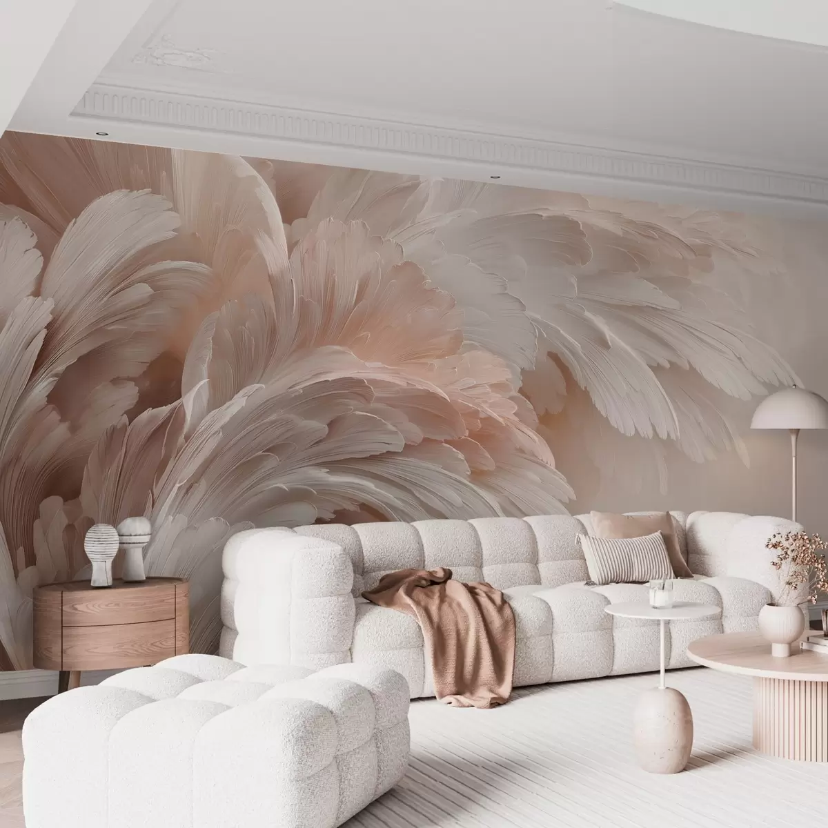 wall murals Airy feathers and petals in creamy pink shades w09301