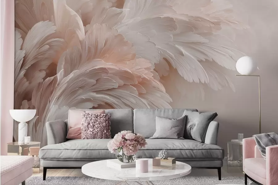 wall murals Airy feathers and petals in creamy pink shades w09301