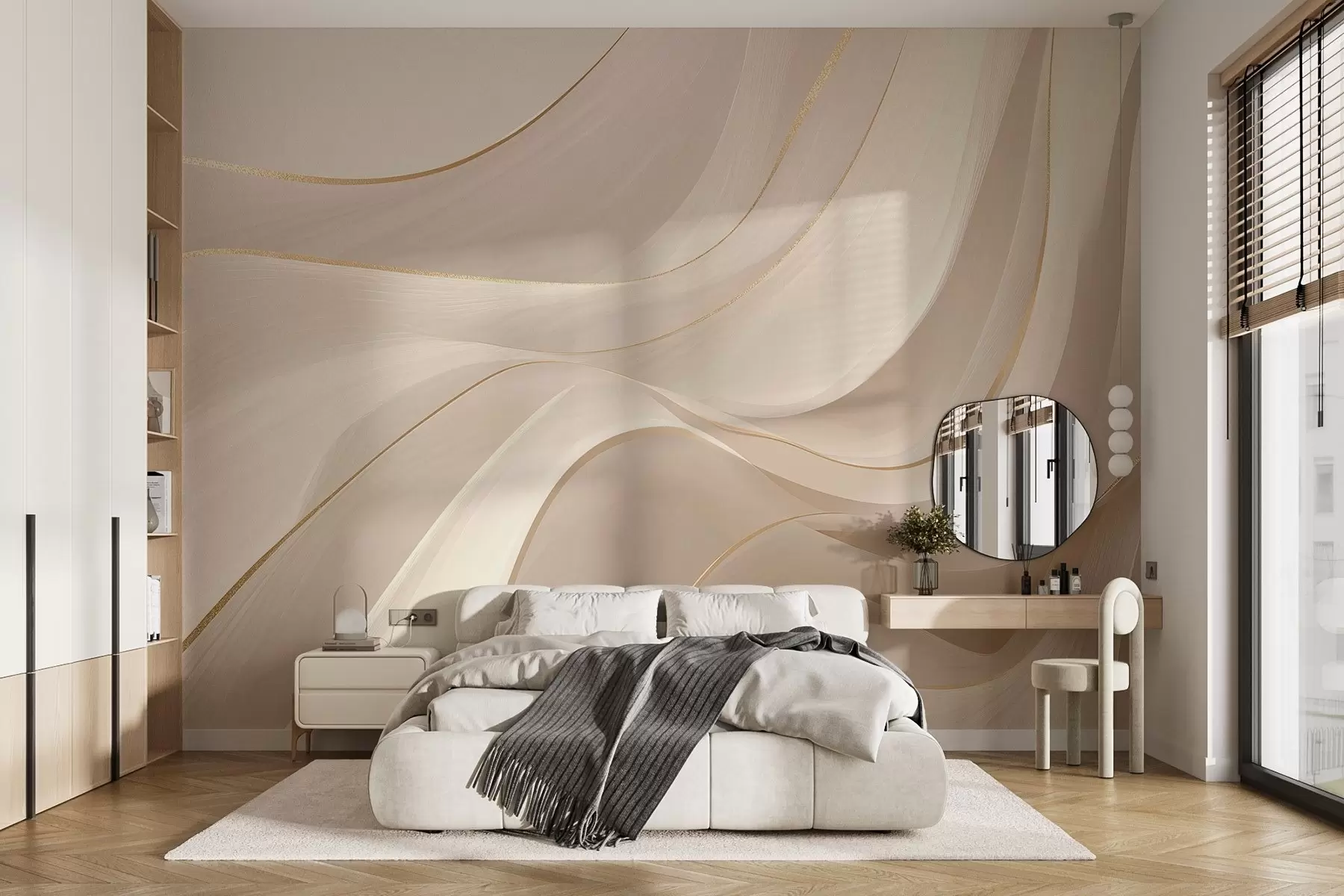 wall murals Flowing waves with yellow accents in creamy light w09303