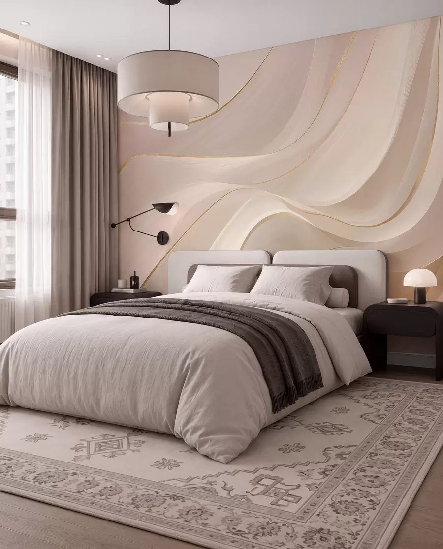 wall murals Flowing waves with yellow accents in creamy light w09303