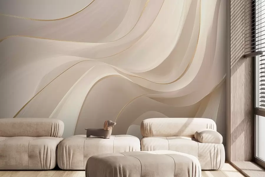 wall murals Flowing waves with yellow accents in creamy light w09303