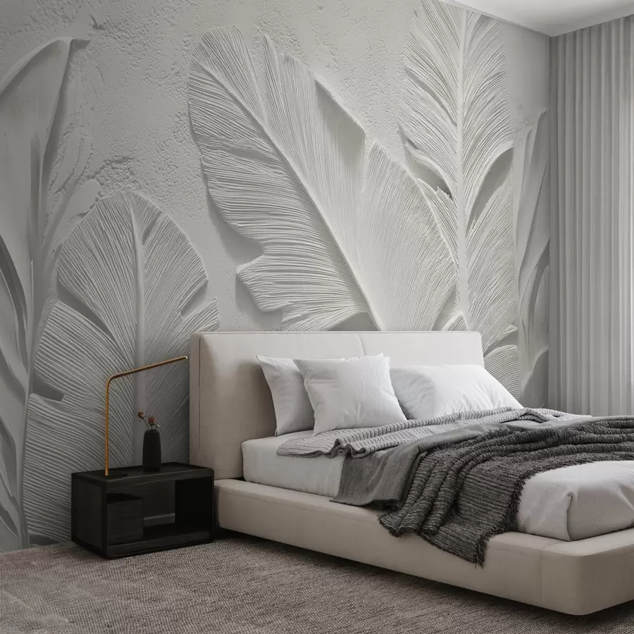 wall murals Textured grey leaves on a background with faux plaster relief w09307