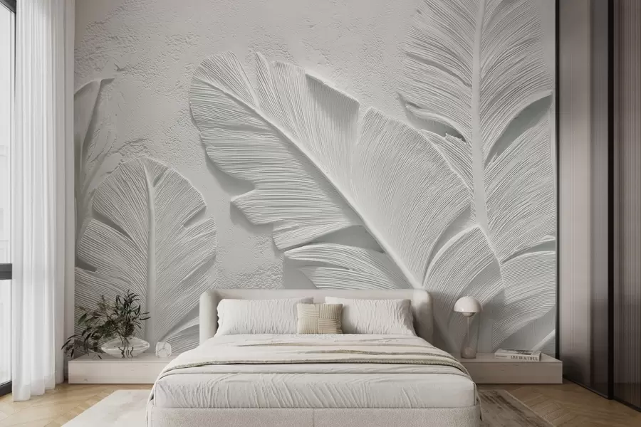 wall murals Textured grey leaves on a background with faux plaster relief w09307