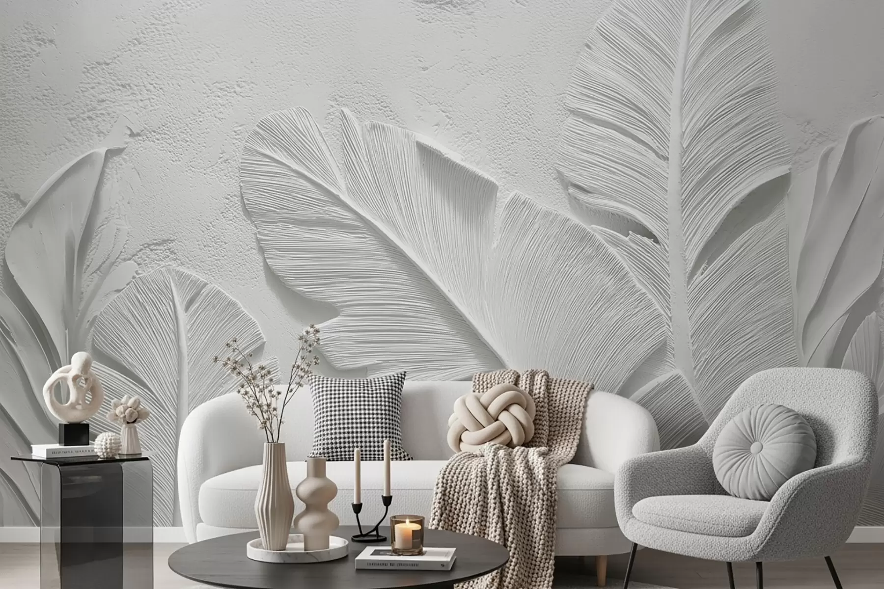 wall murals Textured grey leaves on a background with faux plaster relief w09307