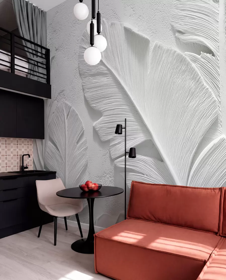 wall murals Textured grey leaves on a background with faux plaster relief w09307