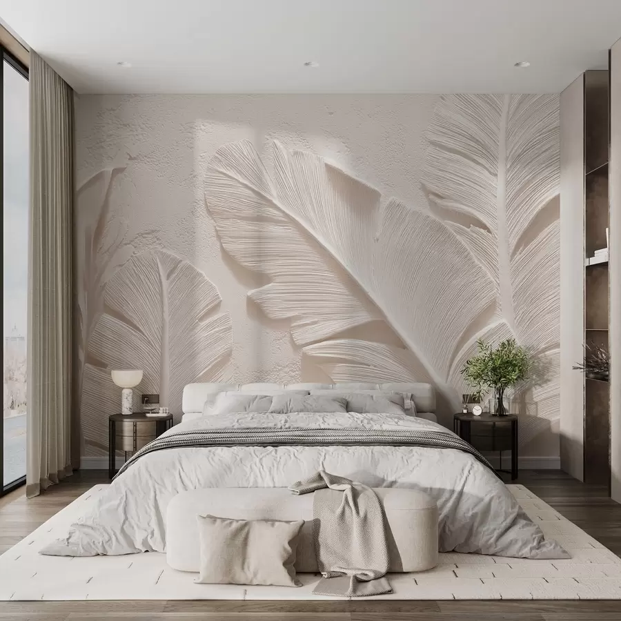 wall murals Relief leaves in warm beige-sand tones w09307v1