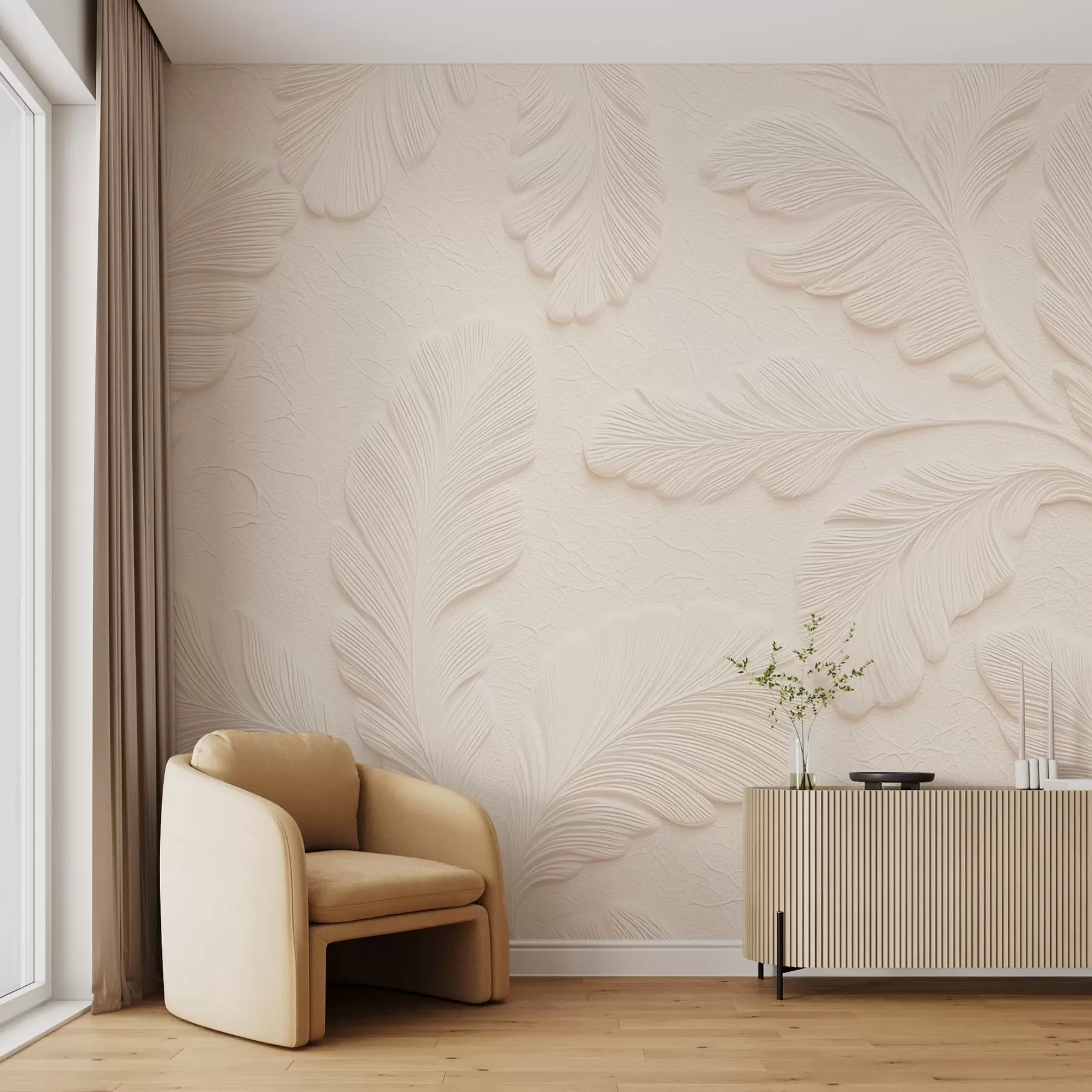 wall murals Relief leaves in grey with a cracked texture effect w09309