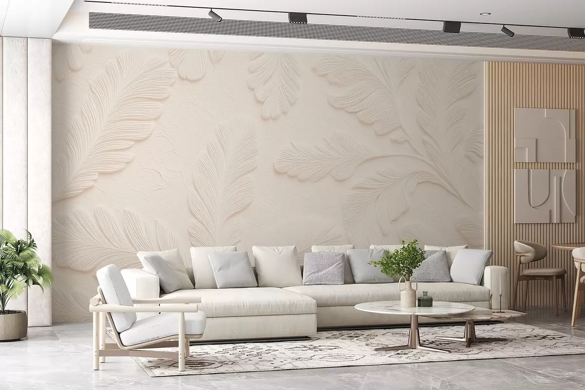 wall murals Embossed leaves on a light background with a cracked effect w09309