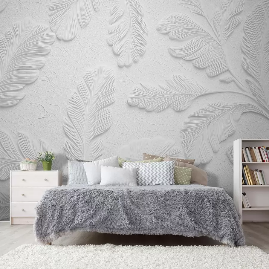 wall murals Relief leaves in grey with a cracked texture effect w09309v1