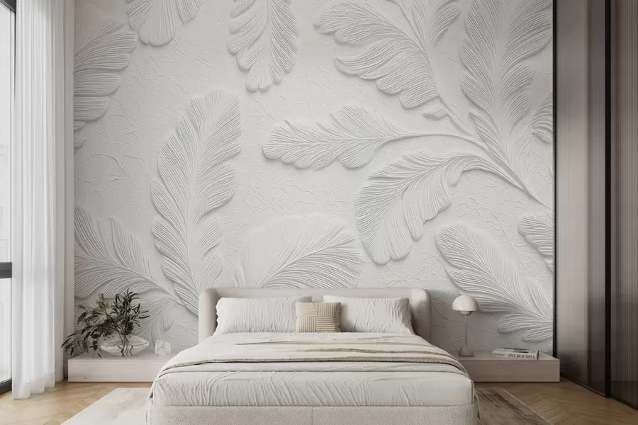 wall murals Relief leaves in grey with a cracked texture effect w09309v1