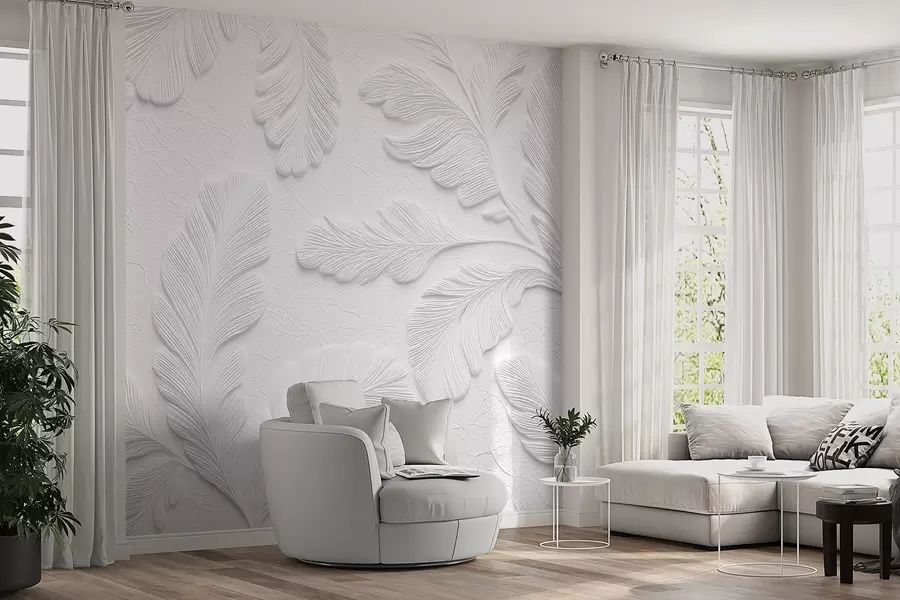 wall murals Relief leaves in grey with a cracked texture effect w09309v1