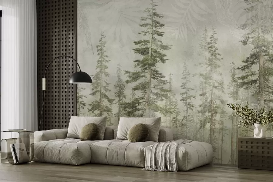 wall murals Pine forest with vintage paper texture and fine patterns w04342