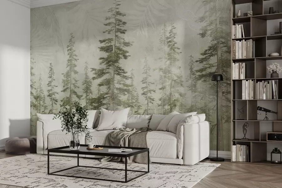 wall murals Pine forest with vintage paper texture and fine patterns w04342