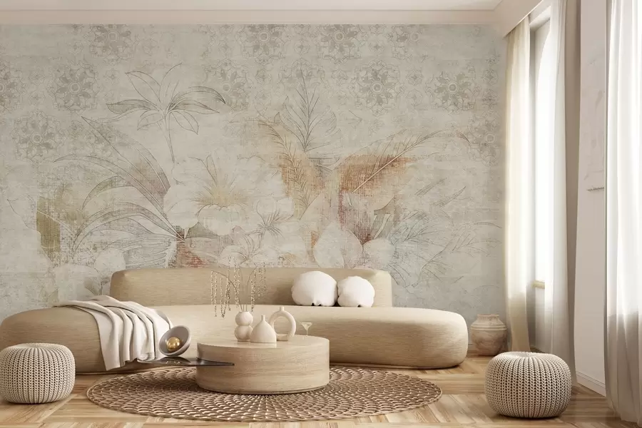 wall murals Flowers and leaves on textured background with ornaments w04343