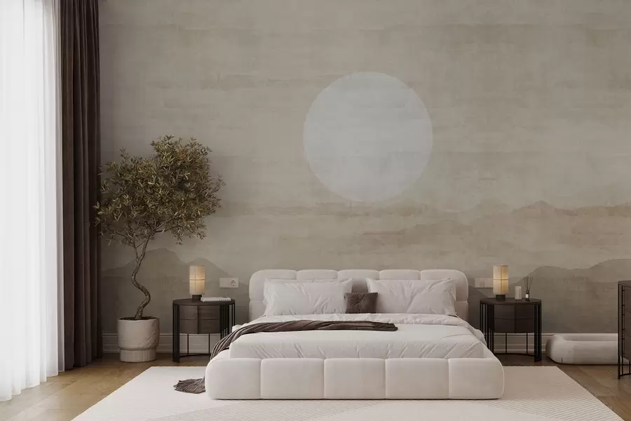wall murals Minimalist mountain landscape with large white sun w04345