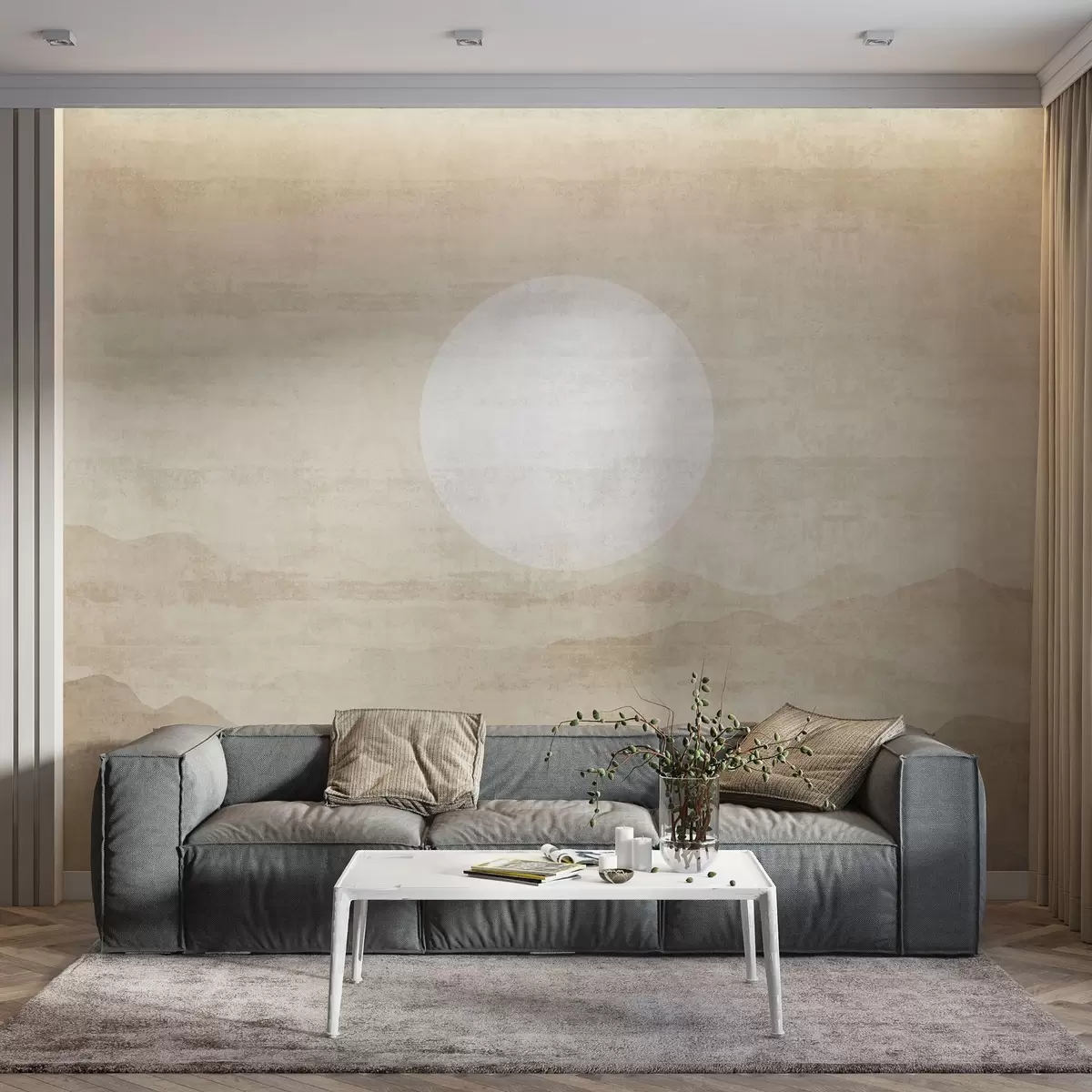 wall murals Minimalist mountain landscape with large white sun w04345