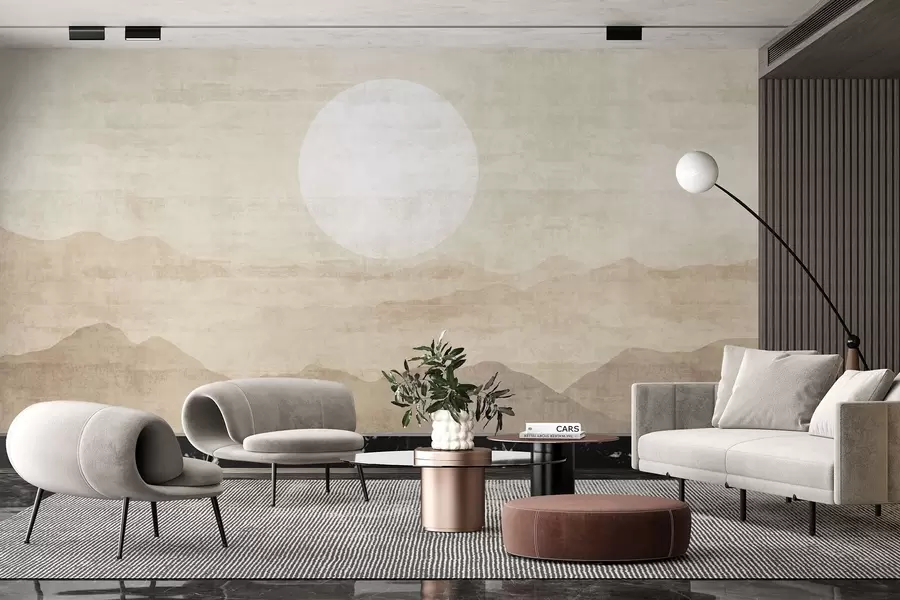 wall murals Minimalist mountain landscape with large white sun w04345