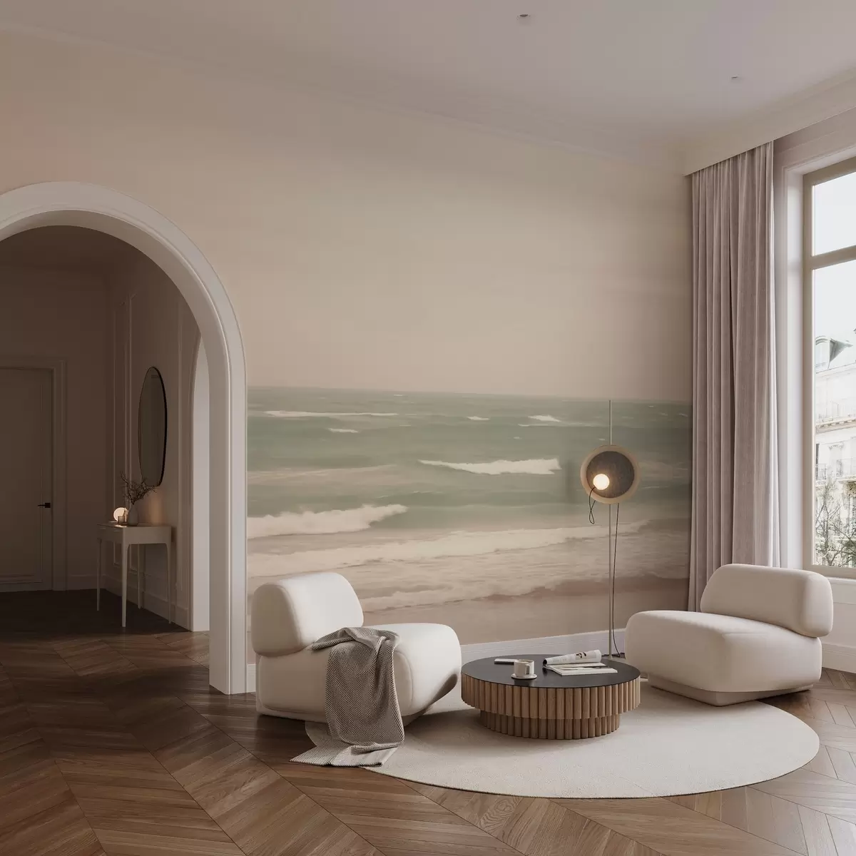 wall murals Soft pink-green seascape with gentle waves w04348