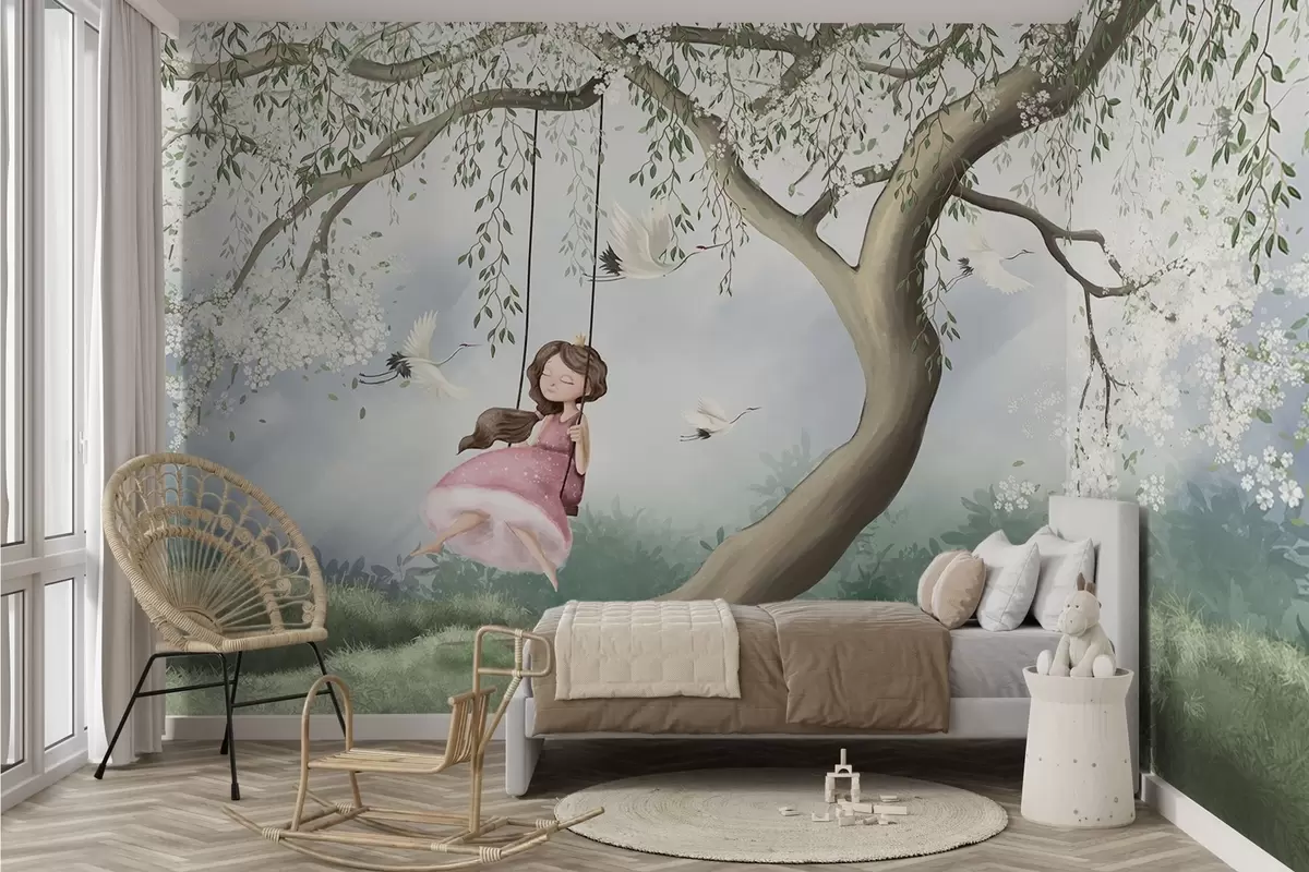 wall murals Girl on swing under blooming tree with birds flying around w04370