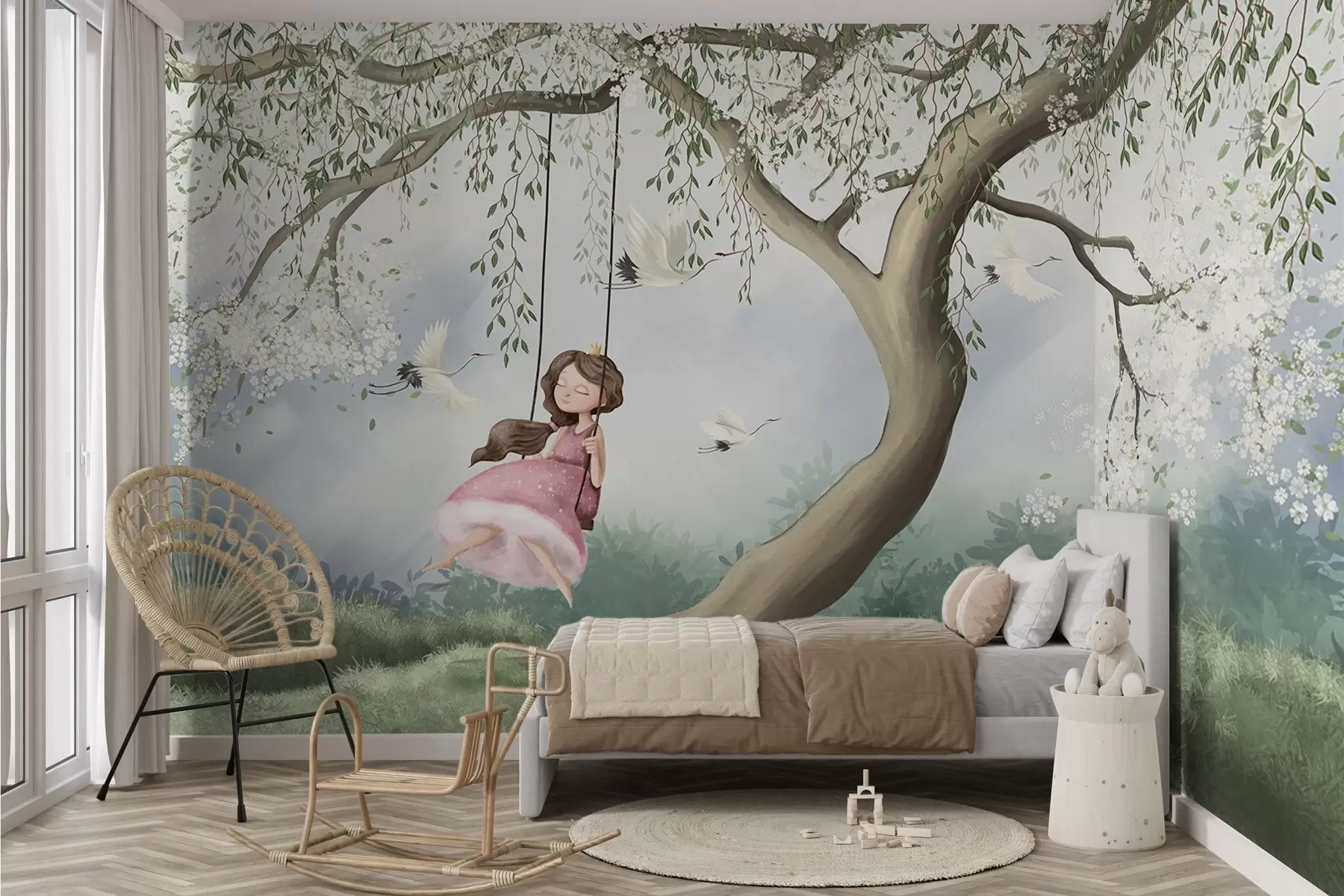 wall murals Girl on swing under blooming tree with birds flying around w04370