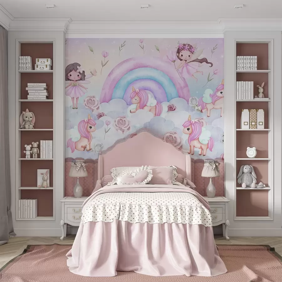 wall murals Fairies and unicorns among clouds and rainbows w04371