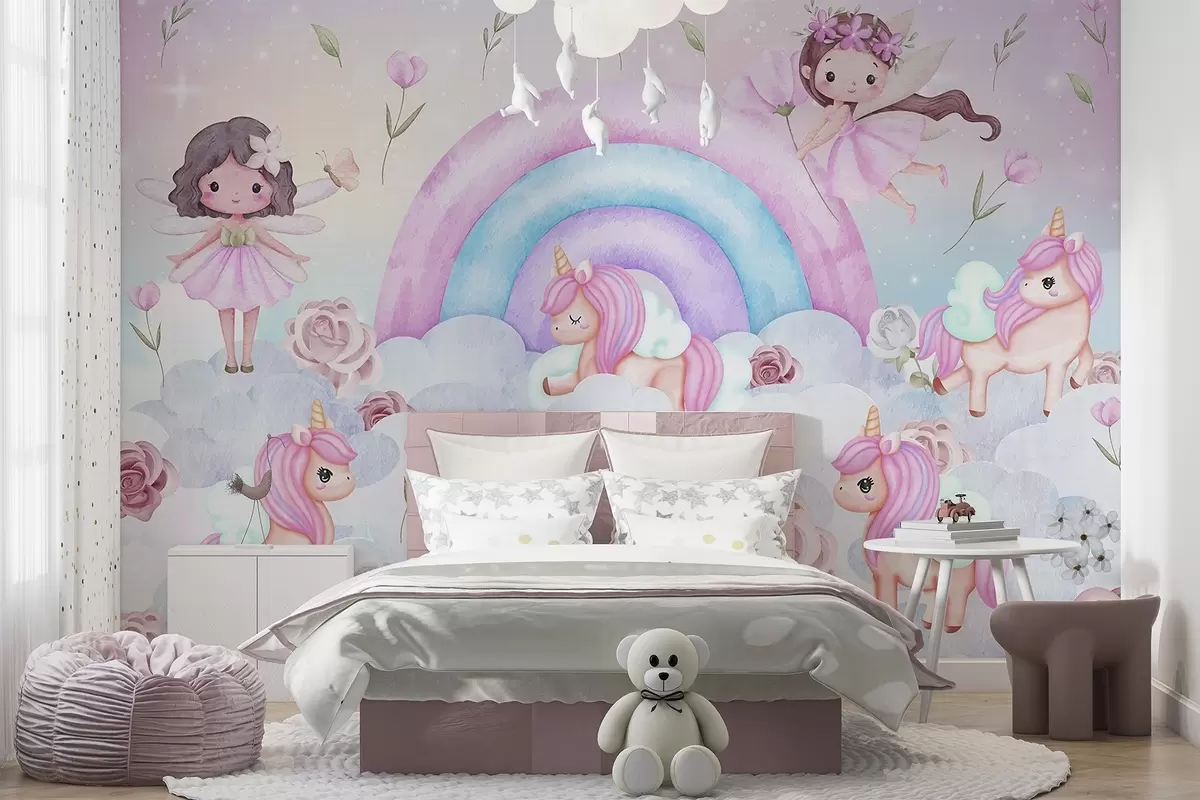 wall murals Fairies and unicorns among clouds and rainbows w04371