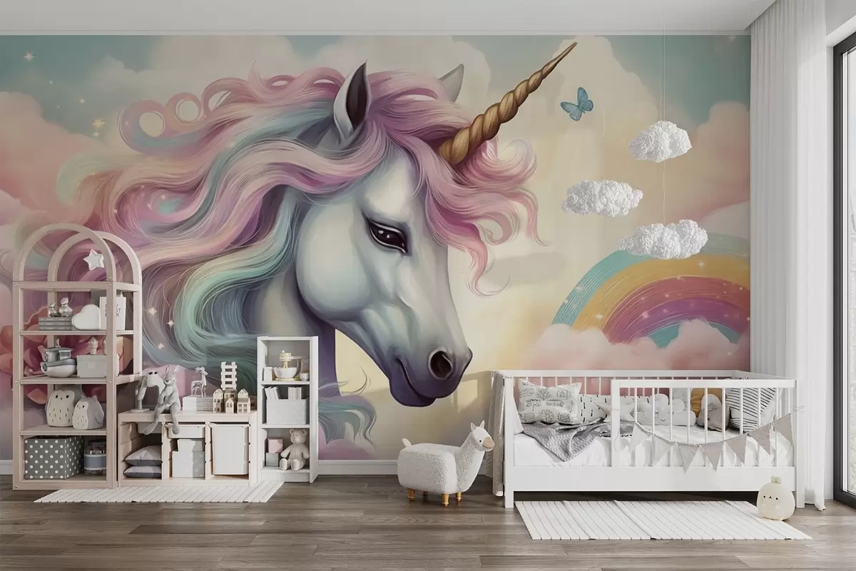 wall murals Unicorn in a cloudy sky with a rainbow w04372