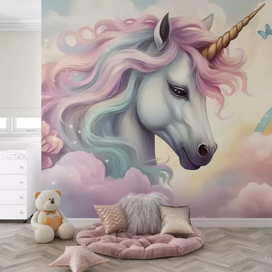 wall murals Unicorn in a cloudy sky with a rainbow w04372