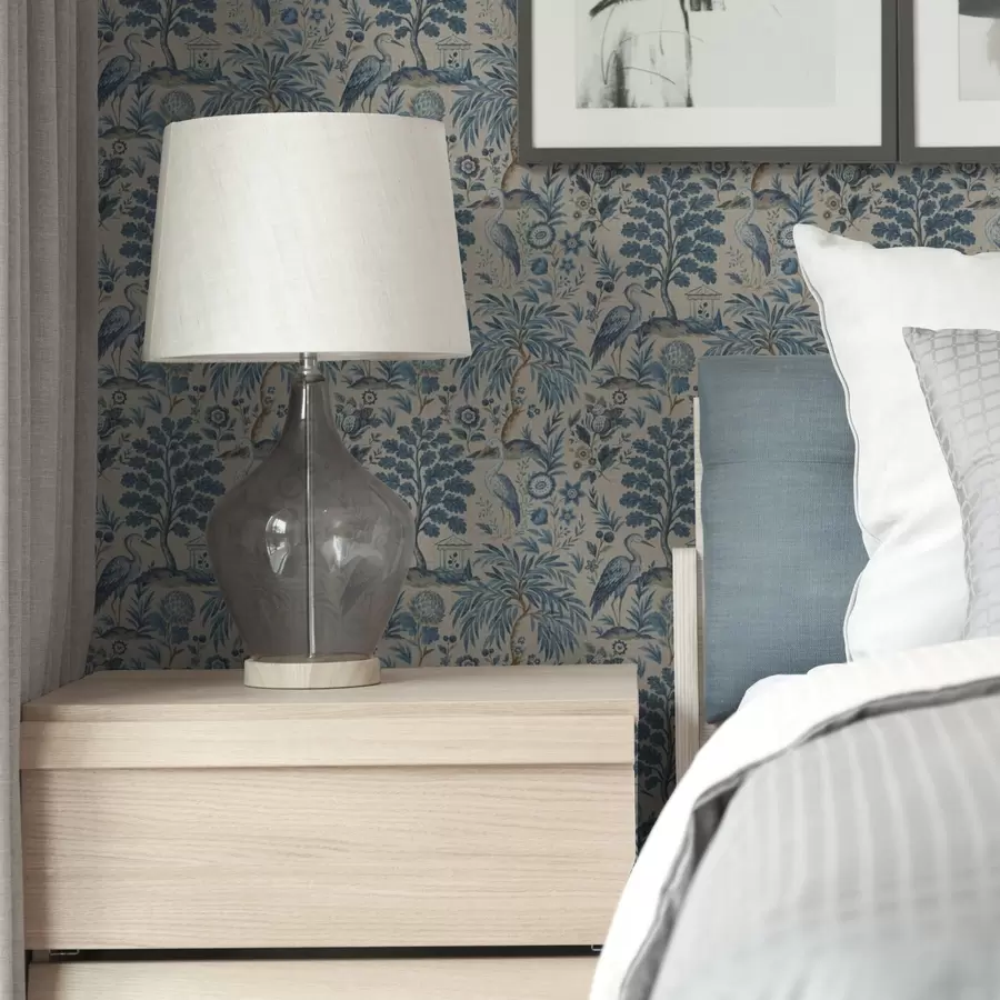 wall murals Toile de Jouy style with blue birds and tropical trees a00382